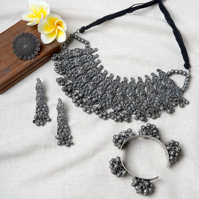 Teejh Teejh Manasika Silver Oxidised Jewelry Gift Set Rings