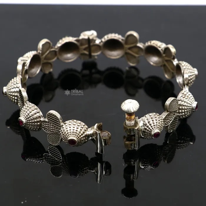Bracelets TRIBAL ORNAMENTS Vintage trendy style 925 sterling silver handmade unique tribal cultural bangle bracelet kada with red stone work wedding jewelry nba384