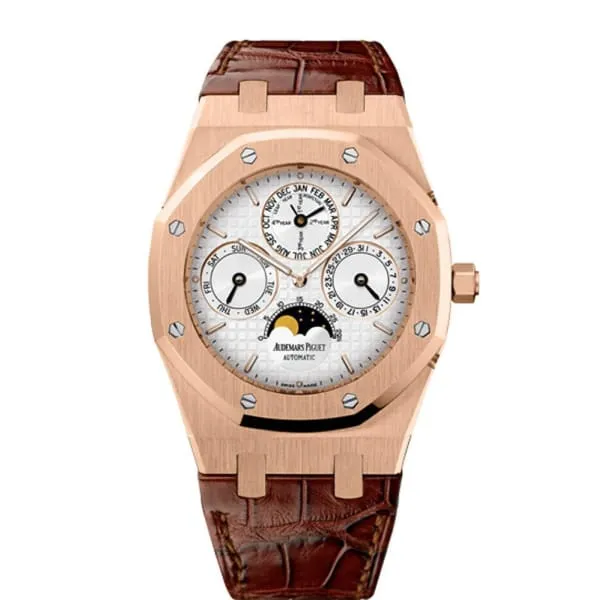 Audemars Piguet Earrings Audemars Piguet Royal Oak Perpetual Calendar 39mm Watch Ref 26252OROOD092CR02 Silver Moonphase Dial in 18K Rose Gold Case Brown Alligator Strap