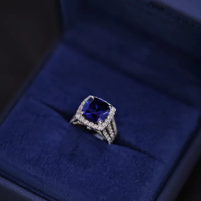 Diamond Source NYC Rings Diffused Cushion Cut Blue Sapphire Cocktail Diamond Ring Set in 14K White Gold 750ct tw