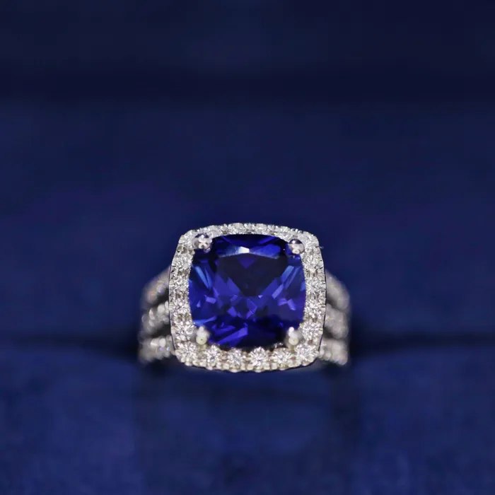 Diamond Source NYC Rings Diffused Cushion Cut Blue Sapphire Cocktail Diamond Ring Set in 14K White Gold 750ct tw