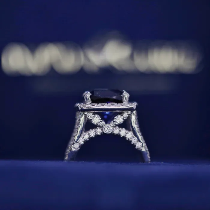 Diamond Source NYC Rings Diffused Cushion Cut Blue Sapphire Cocktail Diamond Ring Set in 14K White Gold 750ct tw