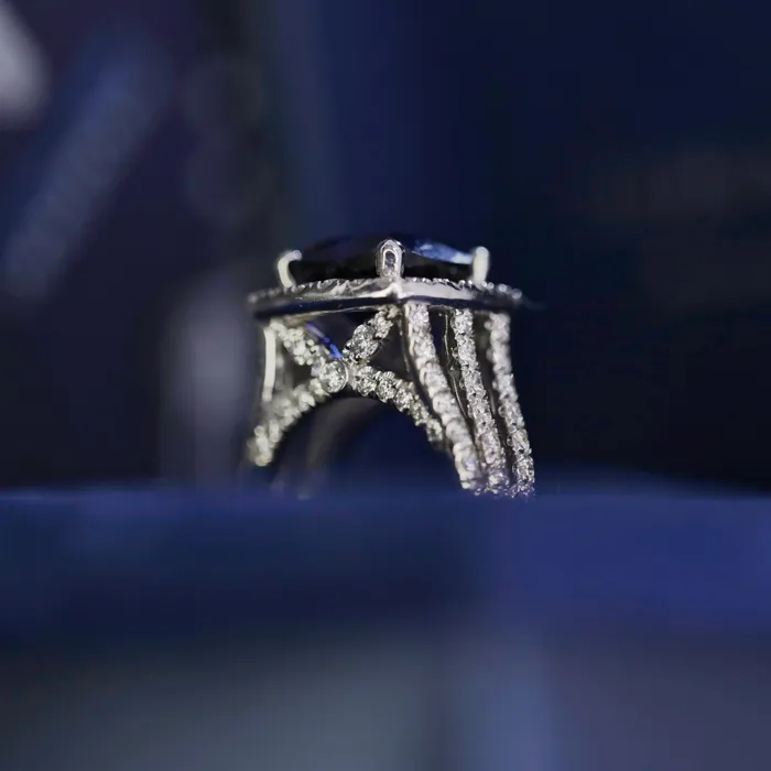 Diamond Source NYC Rings Diffused Cushion Cut Blue Sapphire Cocktail Diamond Ring Set in 14K White Gold 750ct tw