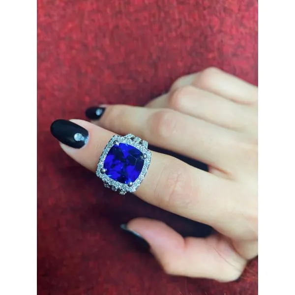 Diamond Source NYC Rings Diffused Cushion Cut Blue Sapphire Cocktail Diamond Ring Set in 14K White Gold 750ct tw