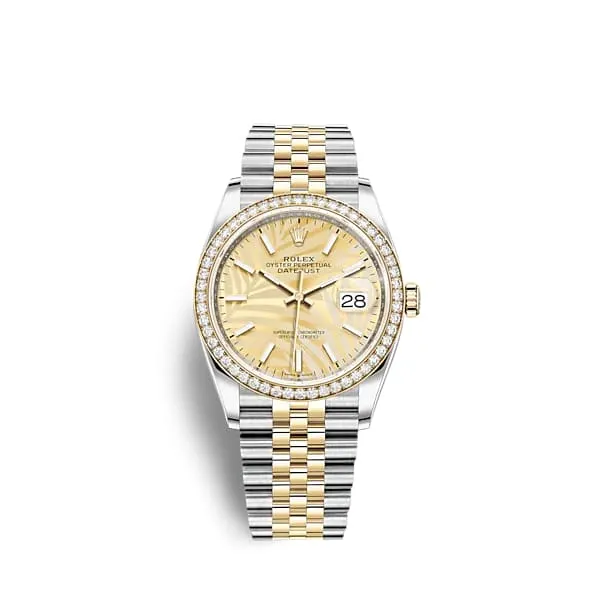 Rolex Datejust 36mm Ref 126283rbr0023 Golden Palm Motif Dial Diamond Bezel Two Tone Stainless Steel 18K Yellow Gold Jubilee Bracelet Watch Rolex Bracelets Rolex Datejust 36mm Ref 126283rbr0023 Golden Palm Motif Dial Diamond Bezel Two Tone Stainless Steel 18K Yellow Gold Jubilee Bracelet Watch Rolex Bracelets