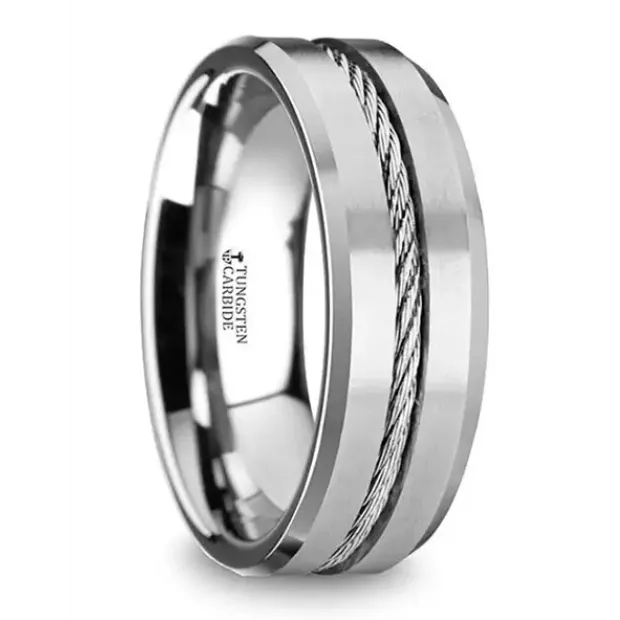 Tungsten 8mm Band with Steel Wire Cable Inlay Mens Bands Rings