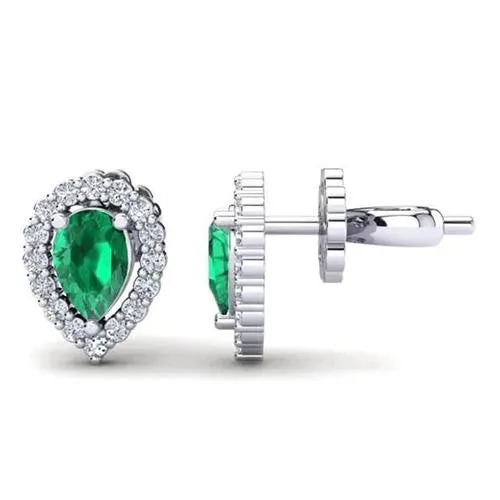 Pear Green Emerald With Round Natural Earth Mined Diamond Stud Halo Earrings 540 Carat WG 14K GB Earrings