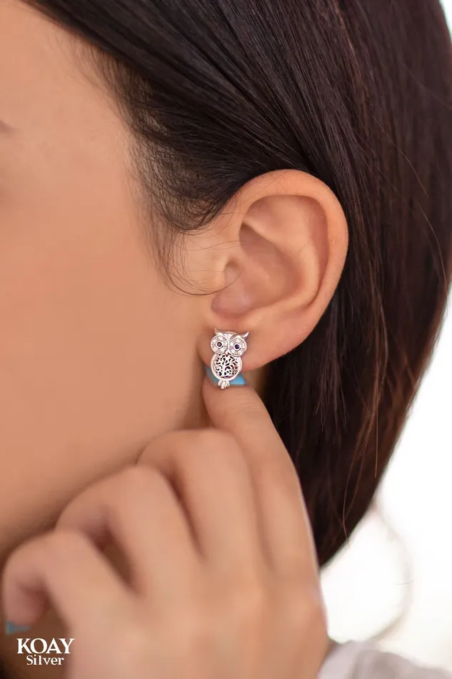Earrings KOAY Silver Store Zircon Owl Earrings
