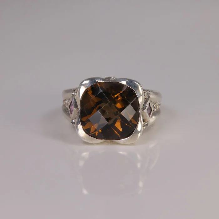 Moriartys Gem Art Rings Sterling Silver Checkerboard Smoky Quartz Amethyst and Diamond Accent Ring Moriartys Gem Art Rings Sterling Silver Checkerboard Smoky Quartz Amethyst and Diamond Accent Ring