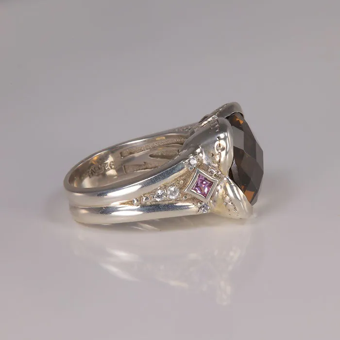 Moriartys Gem Art Rings Sterling Silver Checkerboard Smoky Quartz Amethyst and Diamond Accent Ring
