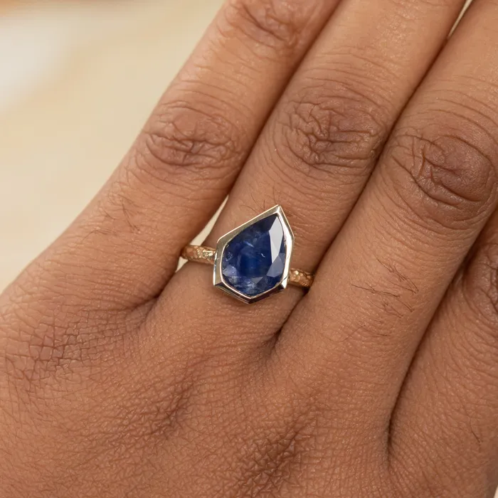 Rings Reserved 198ct Indigo Blue Geo Slice Sapphire Evergreen Low Profile Bezel Solitaire Ring in 14k Yellow Gold Discovery Gems