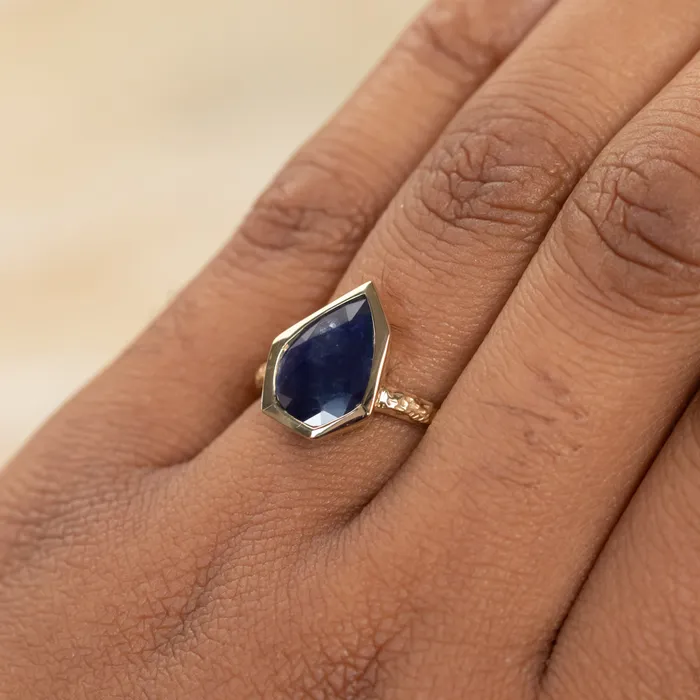 Rings Reserved 198ct Indigo Blue Geo Slice Sapphire Evergreen Low Profile Bezel Solitaire Ring in 14k Yellow Gold Discovery Gems