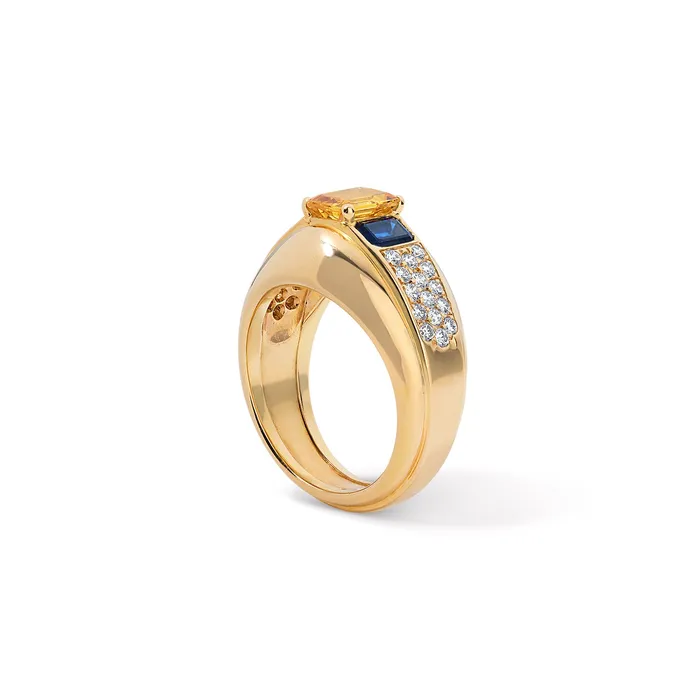 Rings SG Vintage Vintage Yellow and Blue Sapphire Diamond Cigar Ring