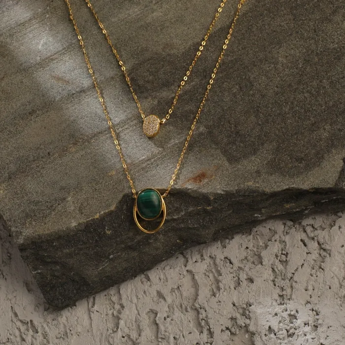 SILVER Malachite Duo Layer Oval Charm Silver Necklace Necklaces