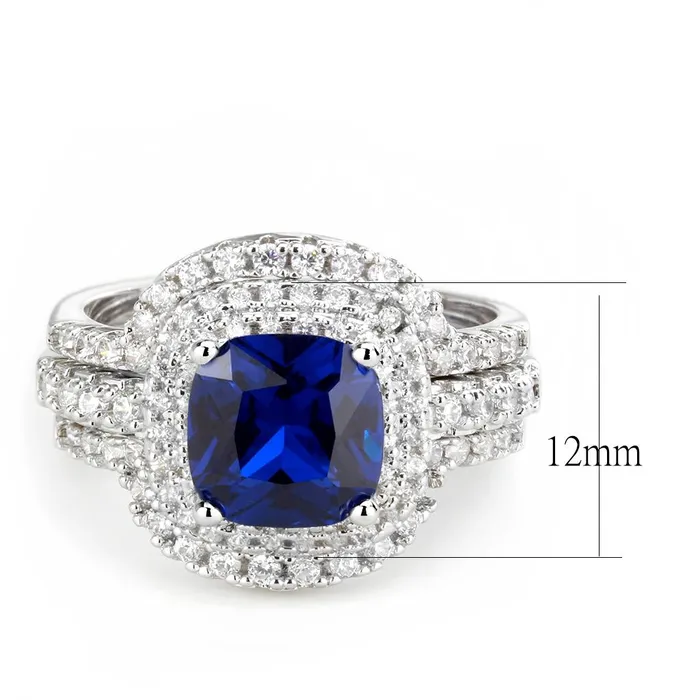 3W1599 Rhodium Brass Ring with Synthetic Spinel in London Blue Alamode Rings