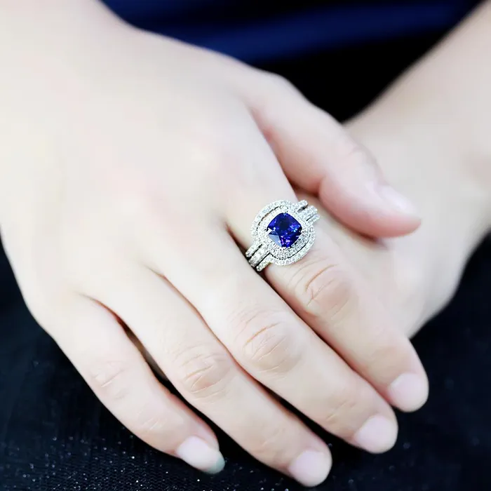 3W1599 Rhodium Brass Ring with Synthetic Spinel in London Blue Alamode Rings