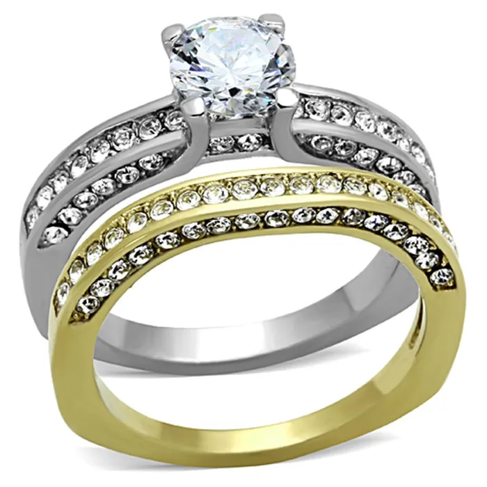 Alamode Rings TK1284 TwoTone IP Gold Ion Plating Stainless Steel Ring with AAA Grade CZ in Clear Alamode Rings TK1284 TwoTone IP Gold Ion Plating Stainless Steel Ring with AAA Grade CZ in Clear