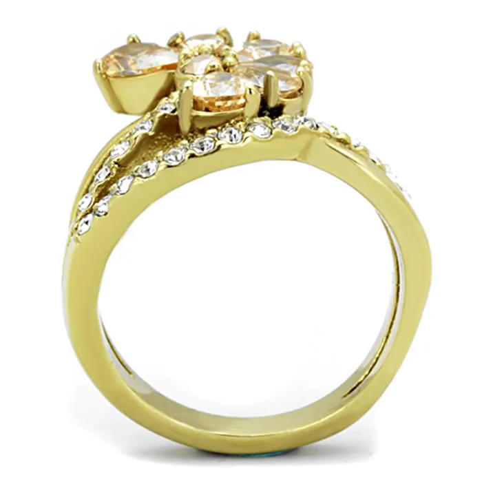 Alamode Rings TK1574 IP GoldIon Plating Stainless Steel Ring with AAA Grade CZ in Champagne
