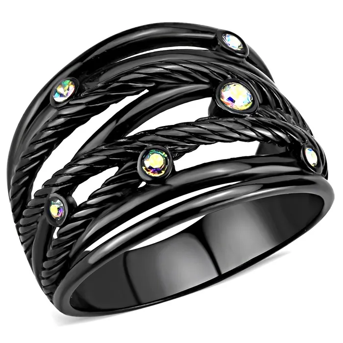 Alamode Rings TK3566 IP BlackIon Plating Stainless Steel Ring with Top Grade Crystal in Aurora Borealis Rainbow Effect Alamode Rings TK3566 IP BlackIon Plating Stainless Steel Ring with Top Grade Crystal in Aurora Borealis Rainbow Effect
