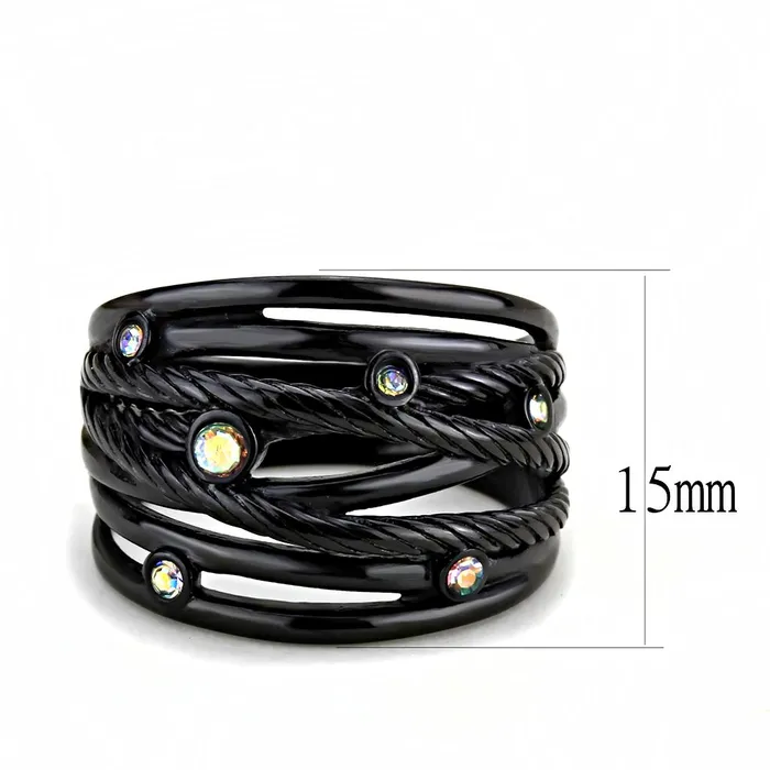 Alamode Rings TK3566 IP BlackIon Plating Stainless Steel Ring with Top Grade Crystal in Aurora Borealis Rainbow Effect