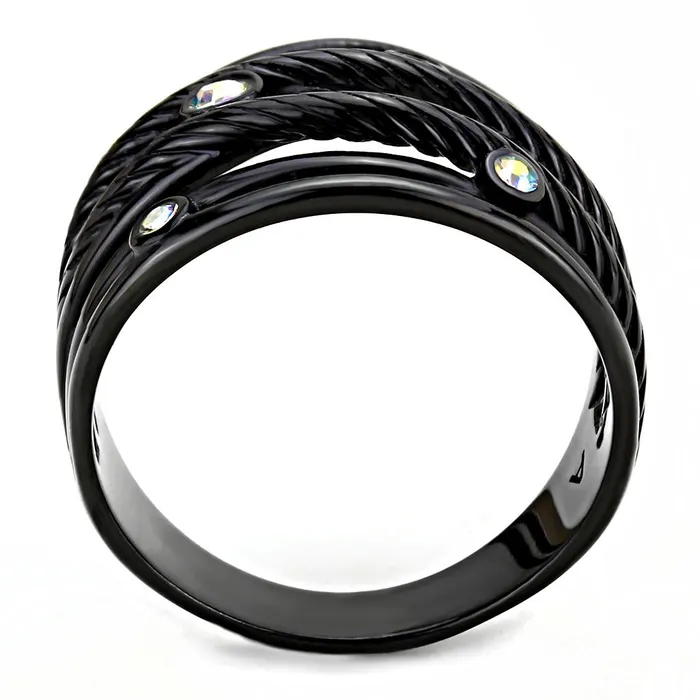 Alamode Rings TK3566 IP BlackIon Plating Stainless Steel Ring with Top Grade Crystal in Aurora Borealis Rainbow Effect