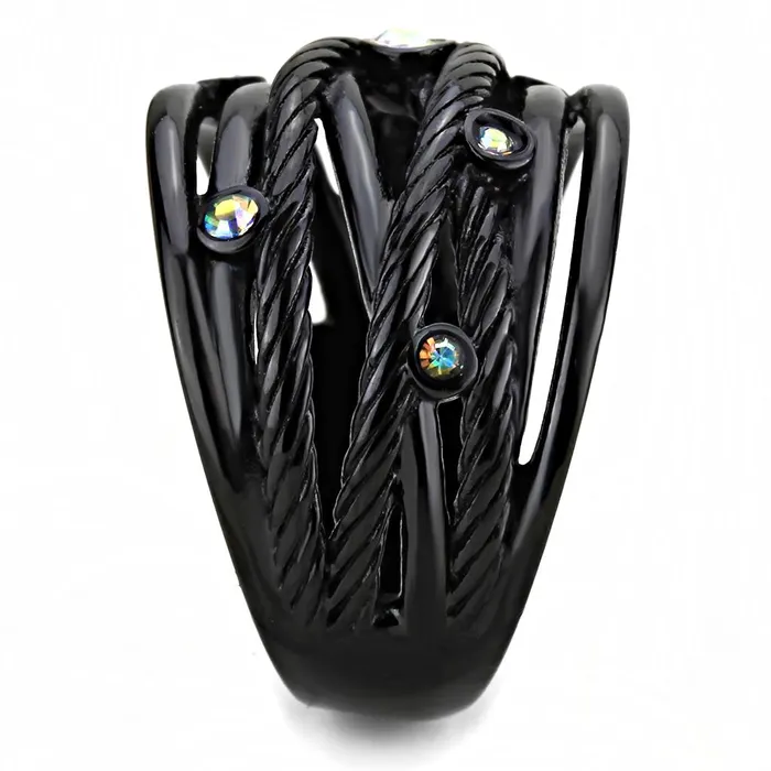 Alamode Rings TK3566 IP BlackIon Plating Stainless Steel Ring with Top Grade Crystal in Aurora Borealis Rainbow Effect