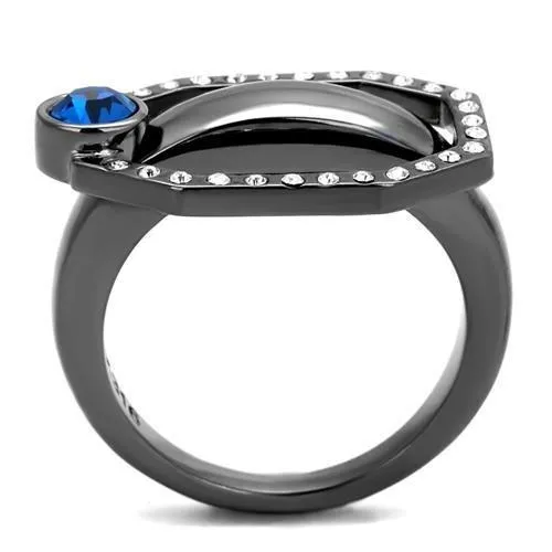 Alamode TK2809 IP Light Black IP Gun Stainless Steel Ring with Top Grade Crystal in Capri Blue Rings