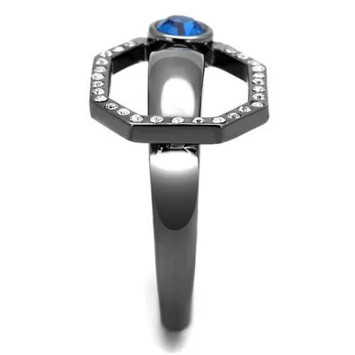 Alamode TK2809 IP Light Black IP Gun Stainless Steel Ring with Top Grade Crystal in Capri Blue Rings