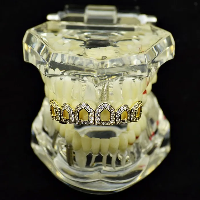 Bling Cartel Admin Rings 14K Gold Plated Iced CZ Six Open Face Top Teeth Grillz