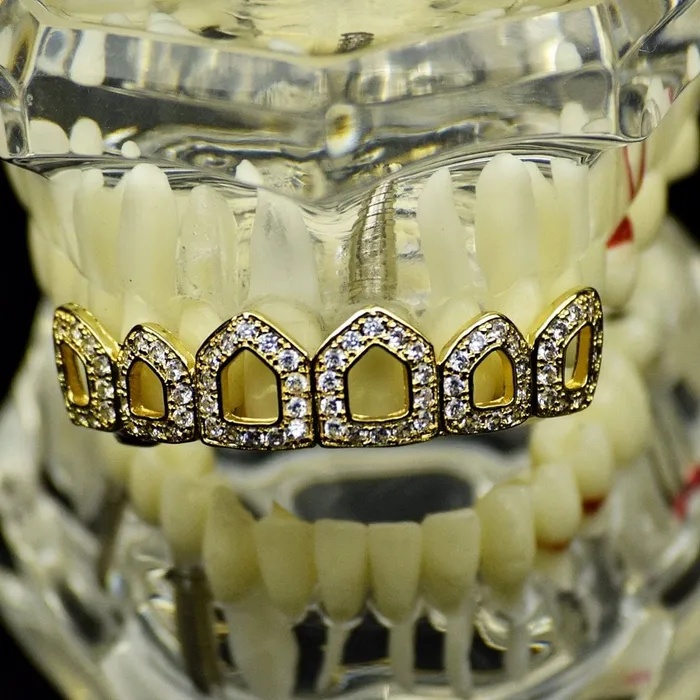 Bling Cartel Admin Rings 14K Gold Plated Iced CZ Six Open Face Top Teeth Grillz