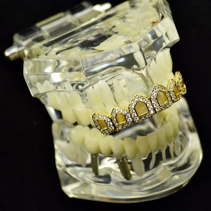 Bling Cartel Admin Rings 14K Gold Plated Iced CZ Six Open Face Top Teeth Grillz