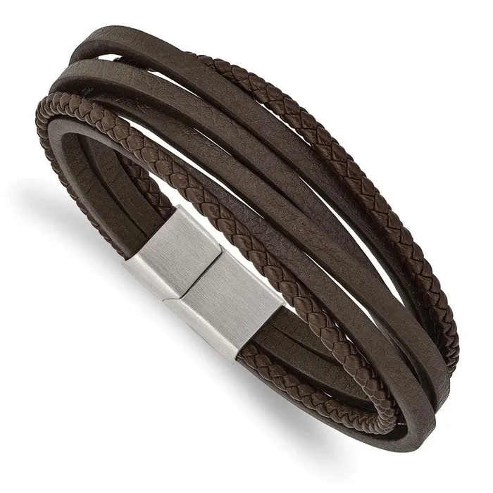Bracelets Chisel Stainless Steel Brushed Brown Leather Multi Strand 8in Bracelet Bracelets Chisel Stainless Steel Brushed Brown Leather Multi Strand 8in Bracelet