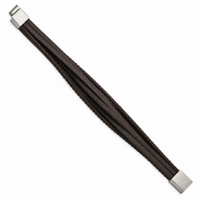 Bracelets Chisel Stainless Steel Brushed Brown Leather Multi Strand 8in Bracelet Bracelets Chisel Stainless Steel Brushed Brown Leather Multi Strand 8in Bracelet