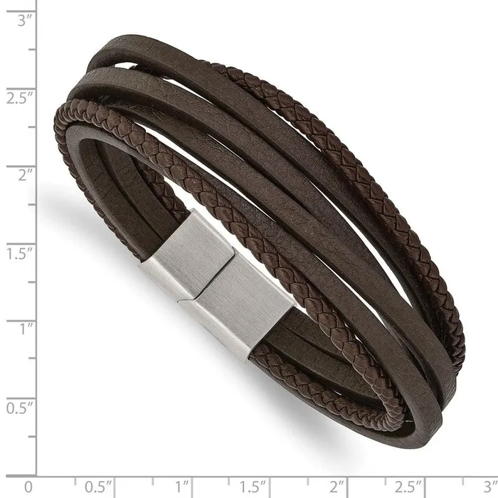Bracelets Chisel Stainless Steel Brushed Brown Leather Multi Strand 8in Bracelet Bracelets Chisel Stainless Steel Brushed Brown Leather Multi Strand 8in Bracelet