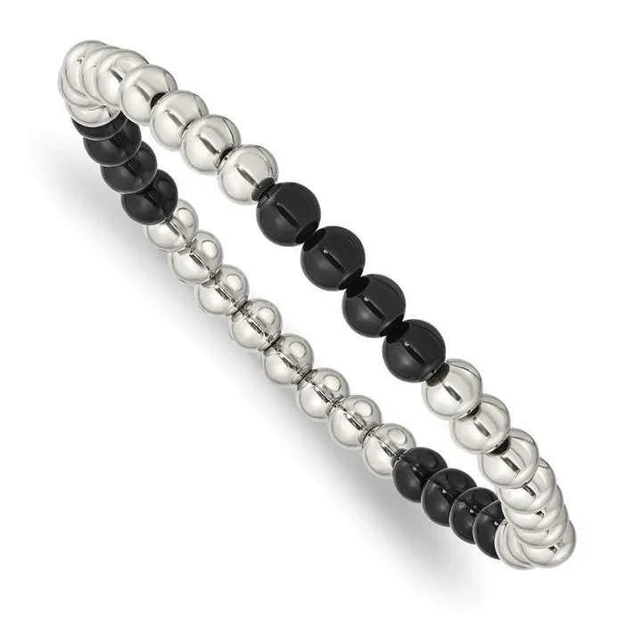Bracelets Stainless Steel Polished Black Onyx Beaded Stretch Bracelet Chisel Bracelets Stainless Steel Polished Black Onyx Beaded Stretch Bracelet Chisel