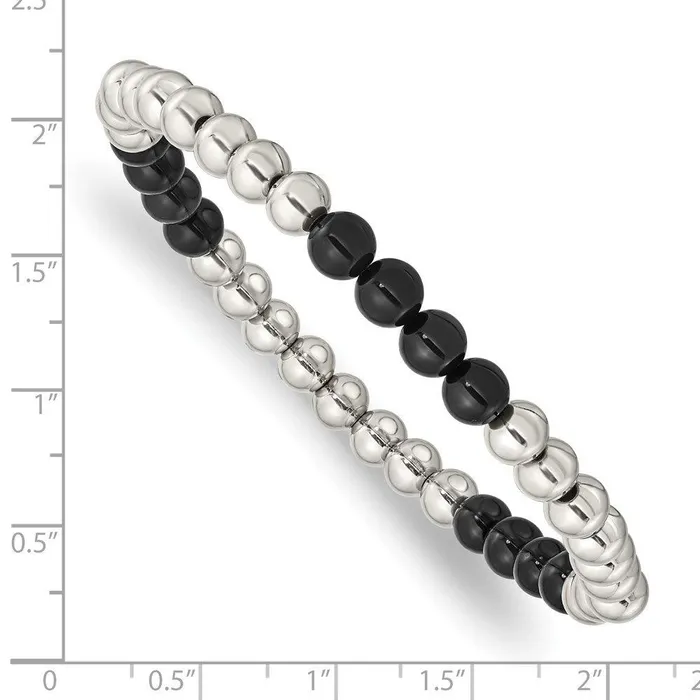 Bracelets Stainless Steel Polished Black Onyx Beaded Stretch Bracelet Chisel Bracelets Stainless Steel Polished Black Onyx Beaded Stretch Bracelet Chisel