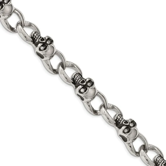 Chisel Bracelets Stainless Steel Polished and Oxidized w CZ Skulls 9in Bracelet