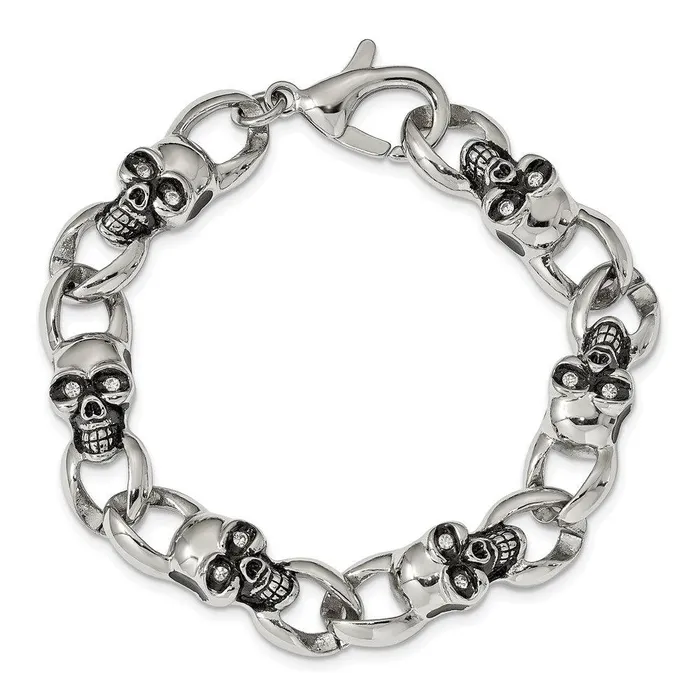 Chisel Bracelets Stainless Steel Polished and Oxidized w CZ Skulls 9in Bracelet Chisel Bracelets Stainless Steel Polished and Oxidized w CZ Skulls 9in Bracelet