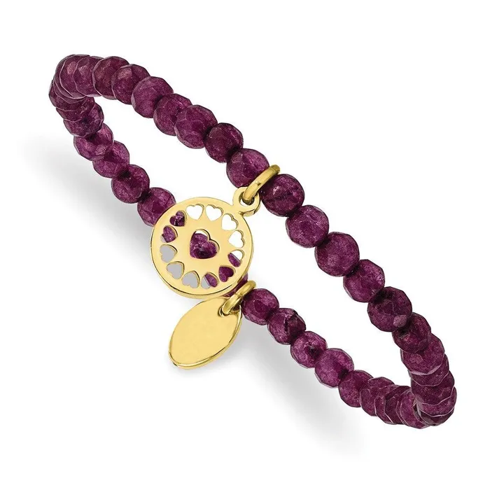 Chisel Bracelets Stainless Steel Polished Yellow IP Heart Dark Purple Jade Stretch Bracelet Chisel Bracelets Stainless Steel Polished Yellow IP Heart Dark Purple Jade Stretch Bracelet