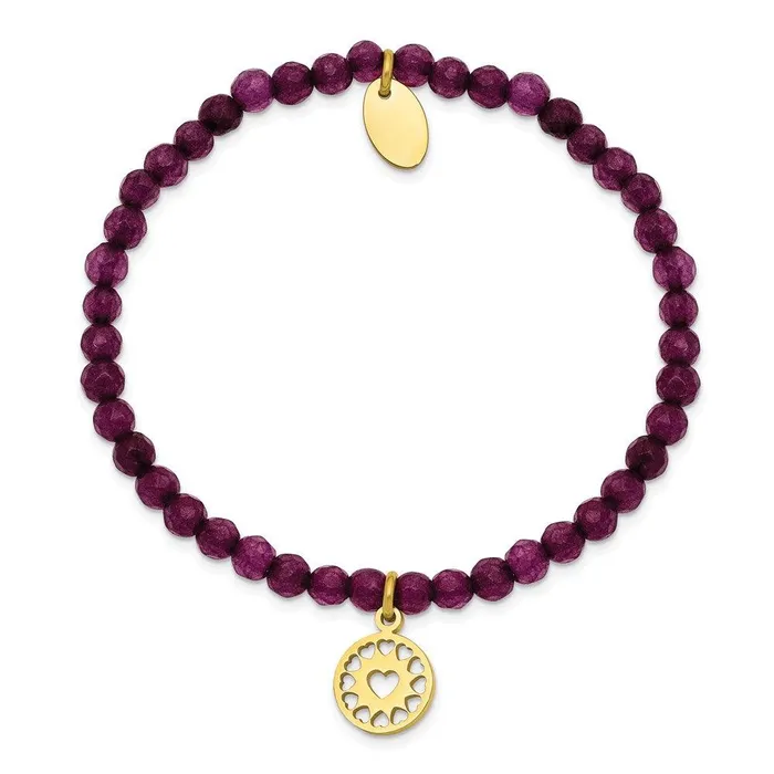 Chisel Bracelets Stainless Steel Polished Yellow IP Heart Dark Purple Jade Stretch Bracelet Chisel Bracelets Stainless Steel Polished Yellow IP Heart Dark Purple Jade Stretch Bracelet