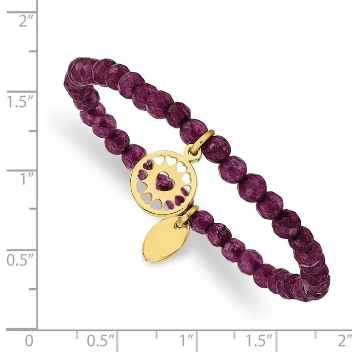Chisel Bracelets Stainless Steel Polished Yellow IP Heart Dark Purple Jade Stretch Bracelet Chisel Bracelets Stainless Steel Polished Yellow IP Heart Dark Purple Jade Stretch Bracelet