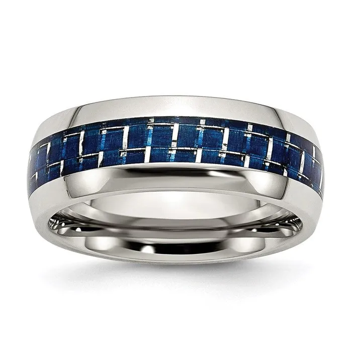 Chisel Rings Stainless Steel Blue Carbon Fiber Inlay Polished Band