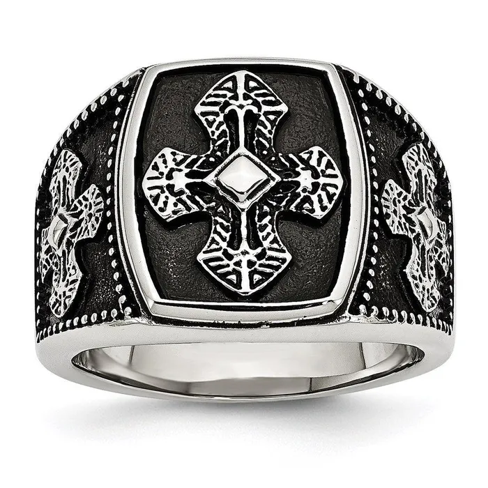 Chisel Rings Stainless Steel Polished and Antiqued Cross Ring