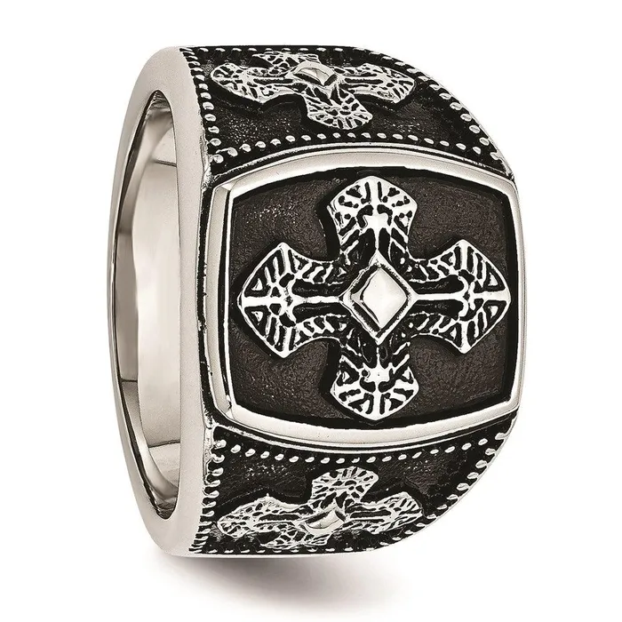 Chisel Rings Stainless Steel Polished and Antiqued Cross Ring Chisel Rings Stainless Steel Polished and Antiqued Cross Ring
