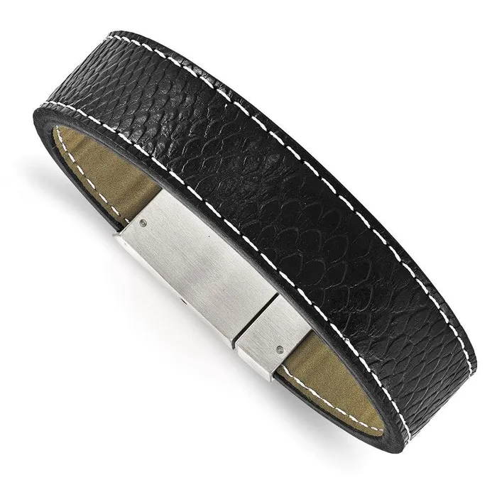 Chisel Stainless Steel Brushed Black Leather Bracelet Bracelets