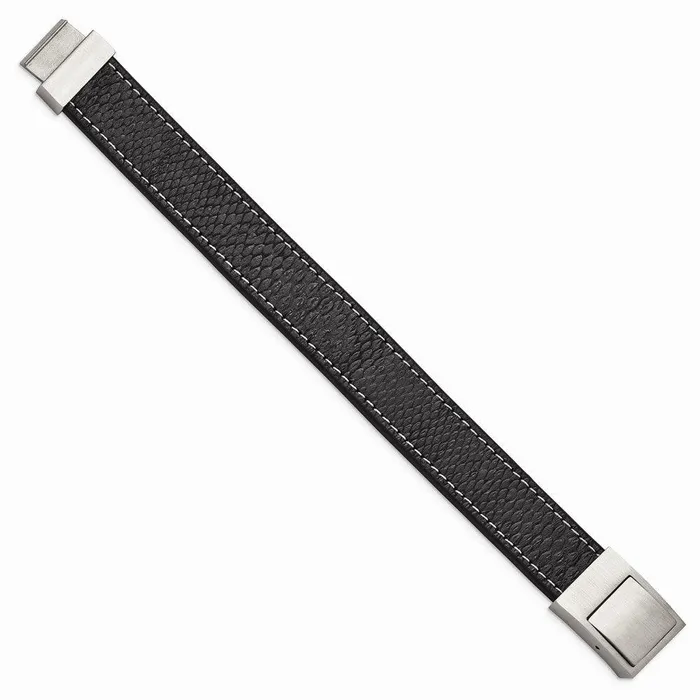 Chisel Stainless Steel Brushed Black Leather Bracelet Bracelets