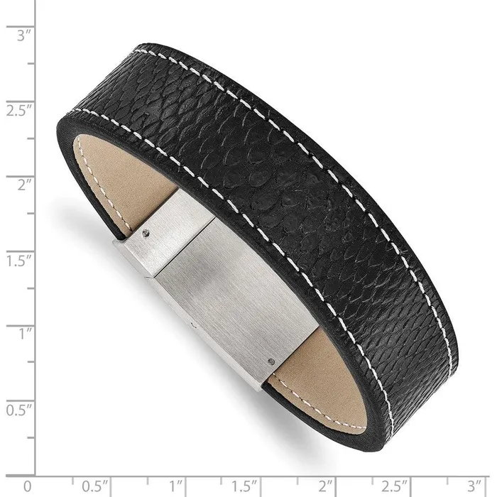 Chisel Stainless Steel Brushed Black Leather Bracelet Bracelets
