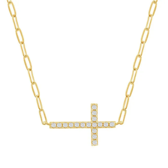 Classic Classic Womens Necklace GP Sterling Silver CZ Sideways Cross Paperclip M6977GP Necklaces Classic Classic Womens Necklace GP Sterling Silver CZ Sideways Cross Paperclip M6977GP Necklaces