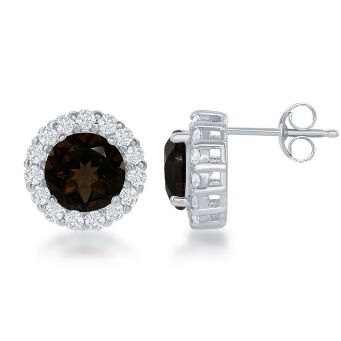 Classic Earrings Sterling Silver Round Center Smoky with White Topaz Border Large Stud Earrings Classic Earrings Sterling Silver Round Center Smoky with White Topaz Border Large Stud Earrings