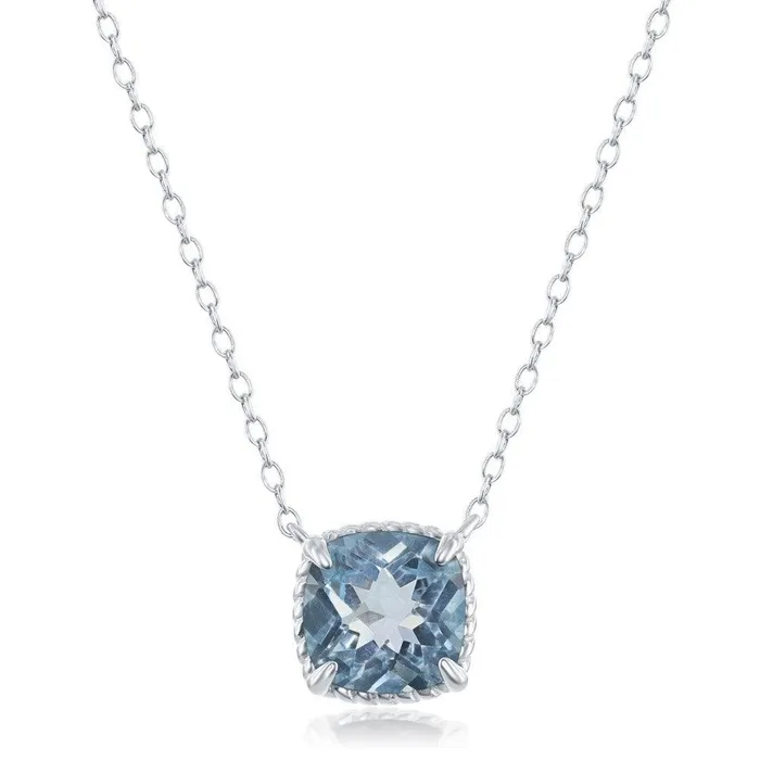 Classic Necklaces Sterling Silver FourProng Square Blue Topaz with Rope Design Border Necklace Classic Necklaces Sterling Silver FourProng Square Blue Topaz with Rope Design Border Necklace